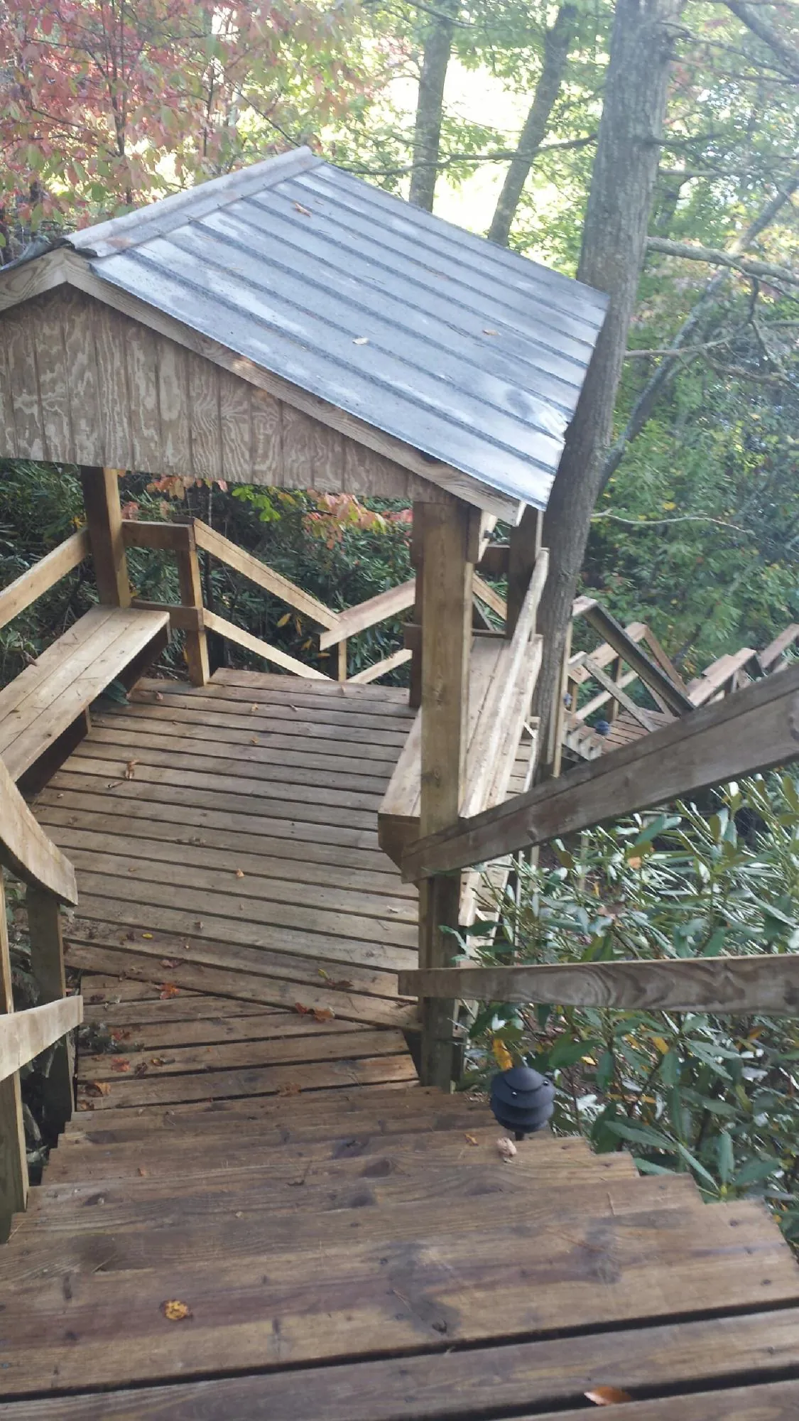 Metal roofed shelter over wooden steps on a wooded walkway — Skylight Repair & Installation work by our crew in Simpsonville